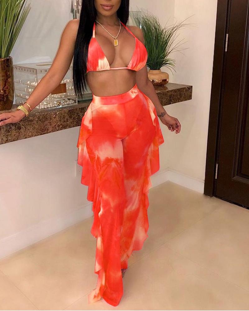 

Tie Dye Print Ruffle Hem Sheer Mesh Bikini Set, Orange