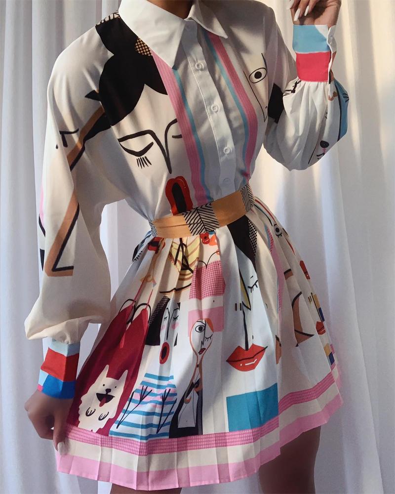 

Abstract Figure Print Shirt & Pleated Skirt Set, White