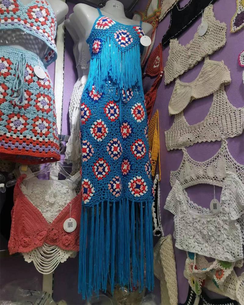 

Scarf Pattern Tassel Trim Hollow Out Crochet Cover Up Beach Dress, Blue