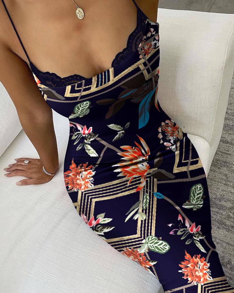 

Lace Trim Floral Geo Print Skinny Dress, Multicolor