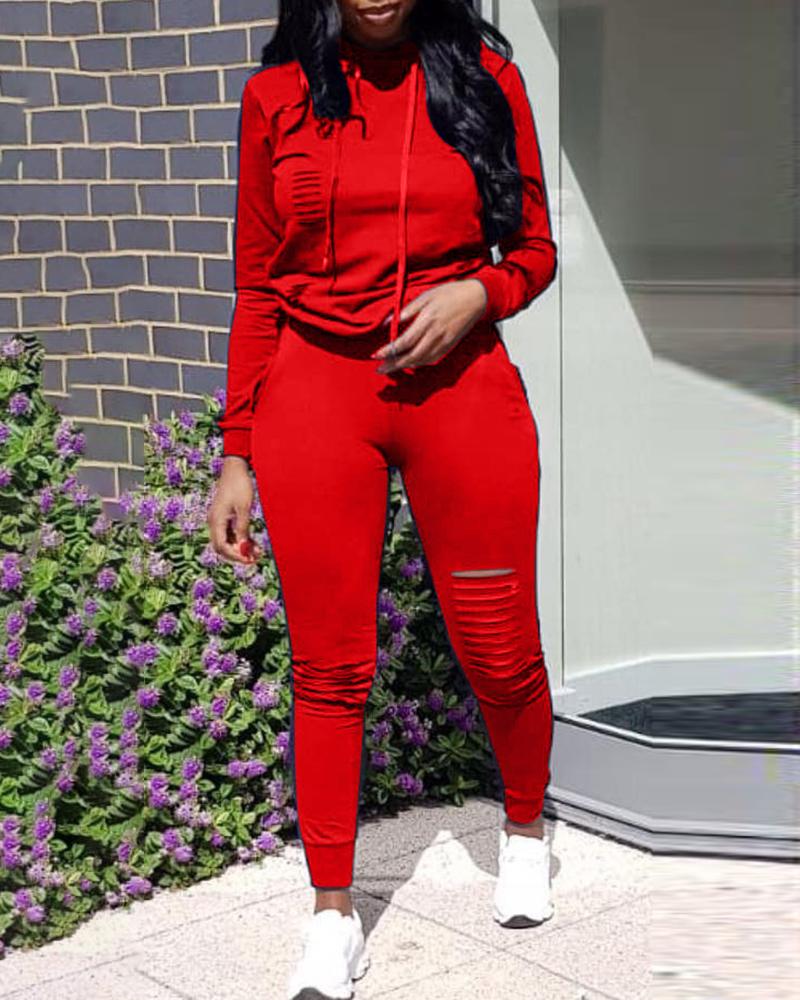 

Solid Ladder Cut Out Hooded Oversized Tracksuits, Red