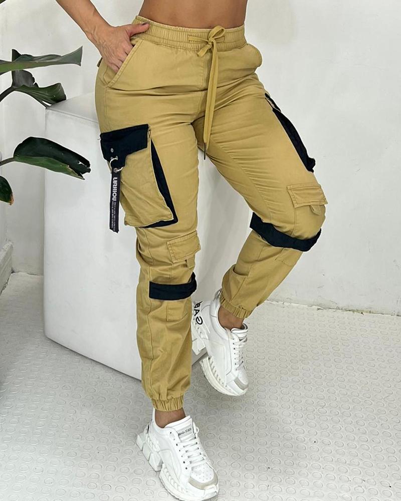 

High Waist Pocket Design Cargo Pants, Khaki