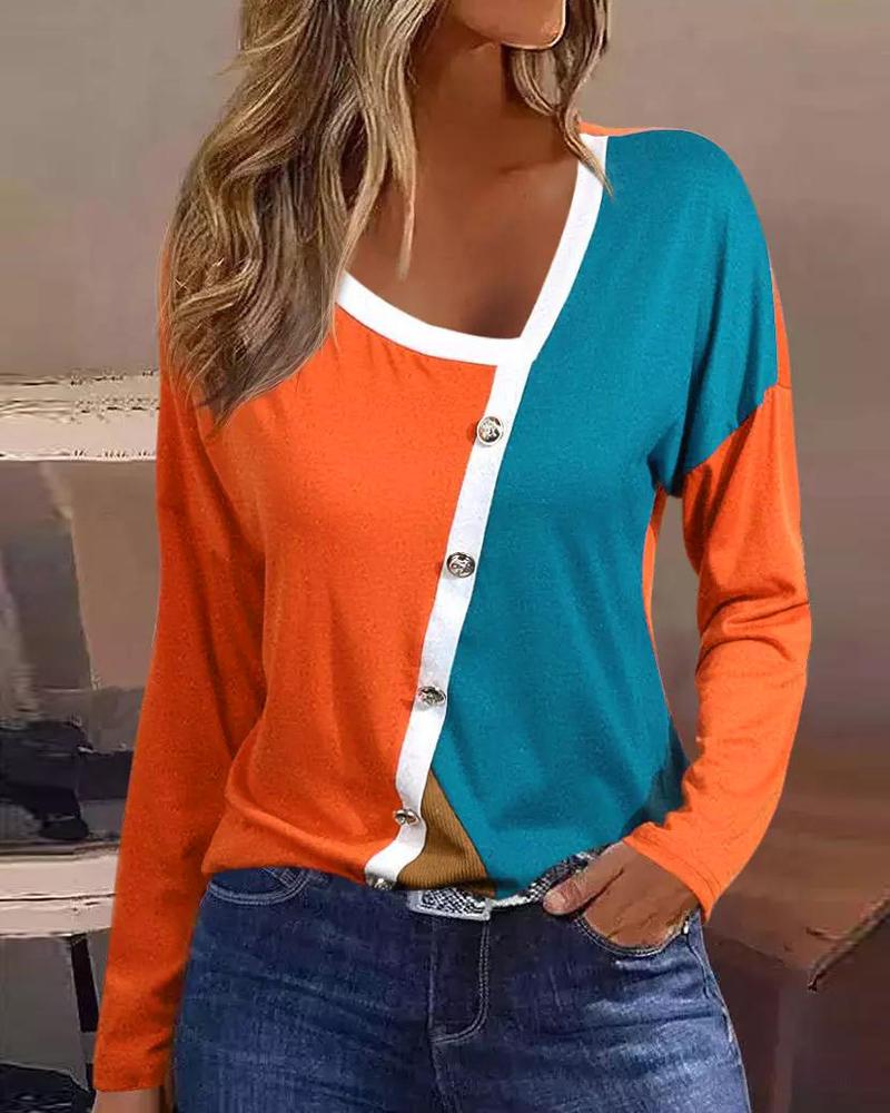 

Colorblock Button Decor Long Sleeve Top, Orange