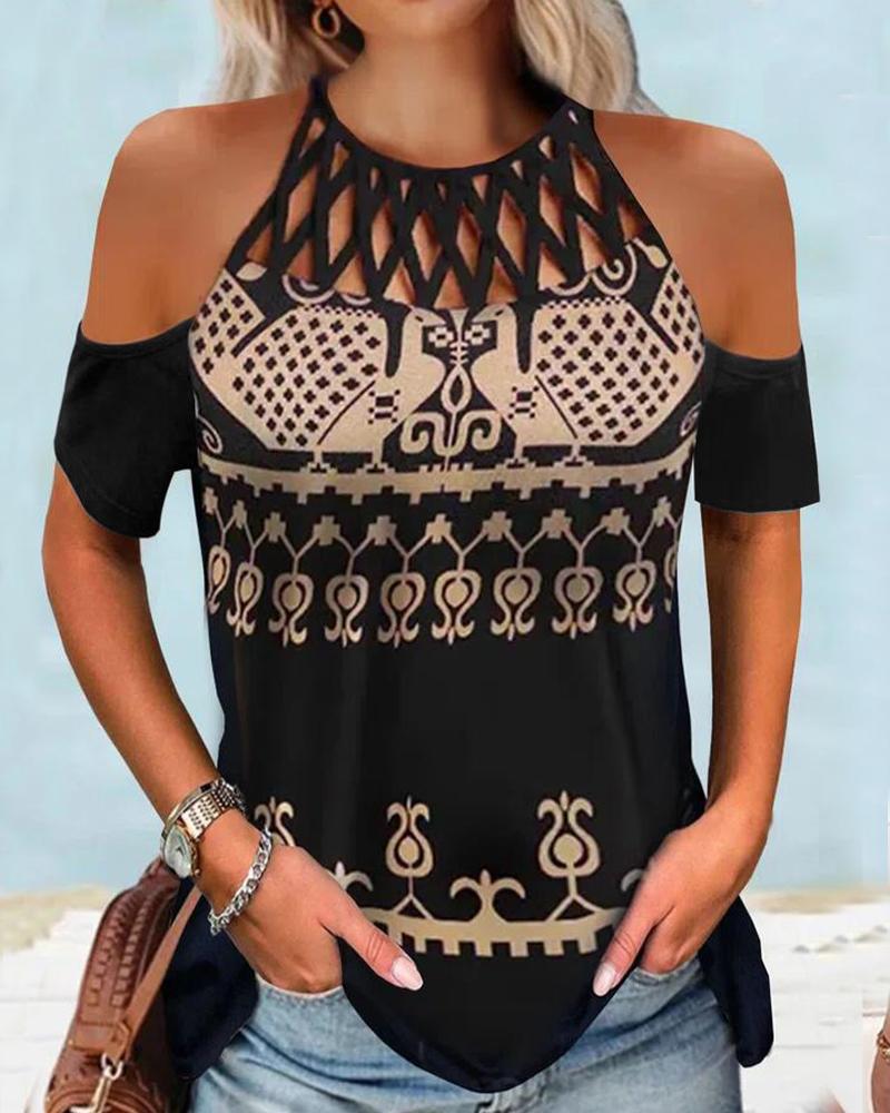 

Tribal Print Hollow Out Cold Shoulder Top, Black