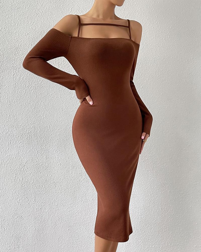 

Cold Shoulder Long Sleeve Bodycon Dress, Brown