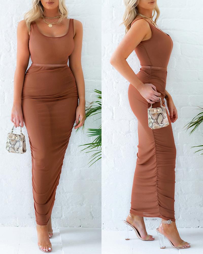 

U-Neck Bodysuit & Ruched Midi Skirt Set, Brown