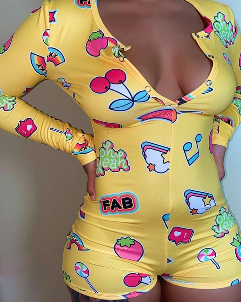 

Cartoon Print Long Sleeve Romper, Style5