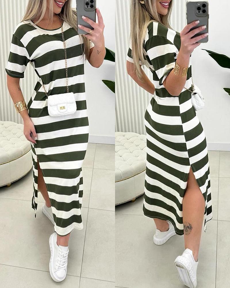 

Striped Side Slit Casual Dress, Green