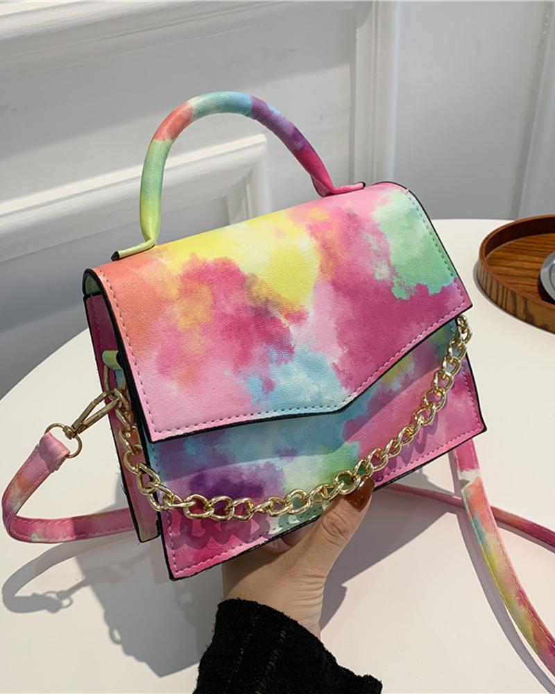 

Tie Dye Top Handle Chain Decor Satchel Bag, Pink