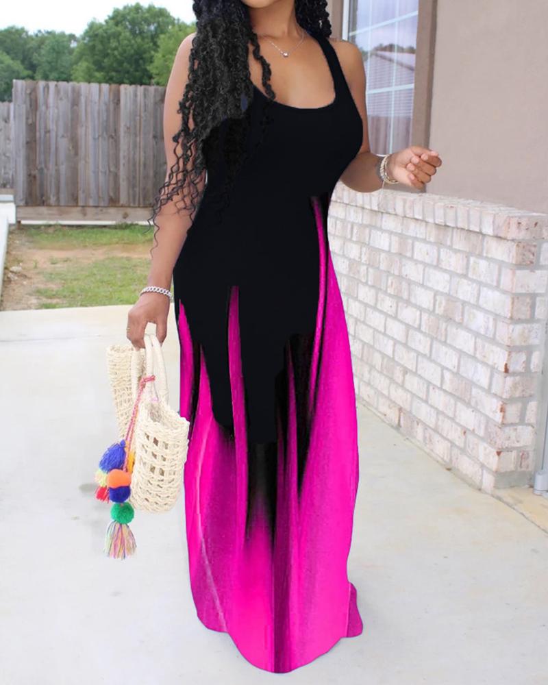 

Color Print Large Bottom Straight Dress, Purple