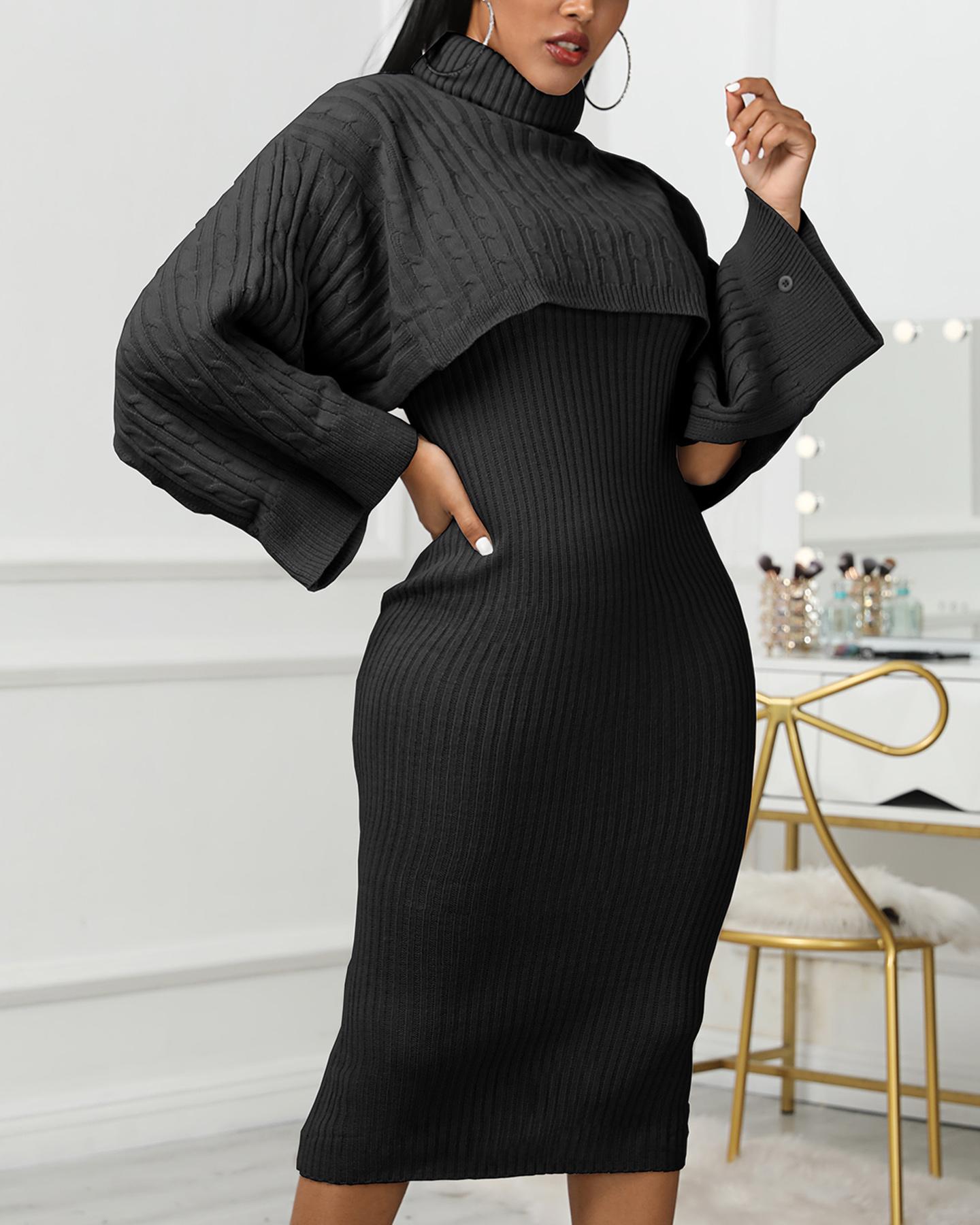 

Solid High Neck Ribbed Sweater & Thin Strap Dress Sets, Black