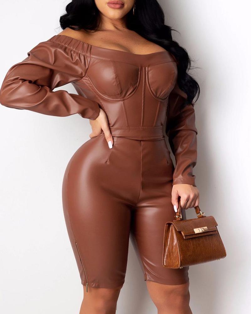 

Off Shoulder Zipper Design PU Leather Romper, Coffee