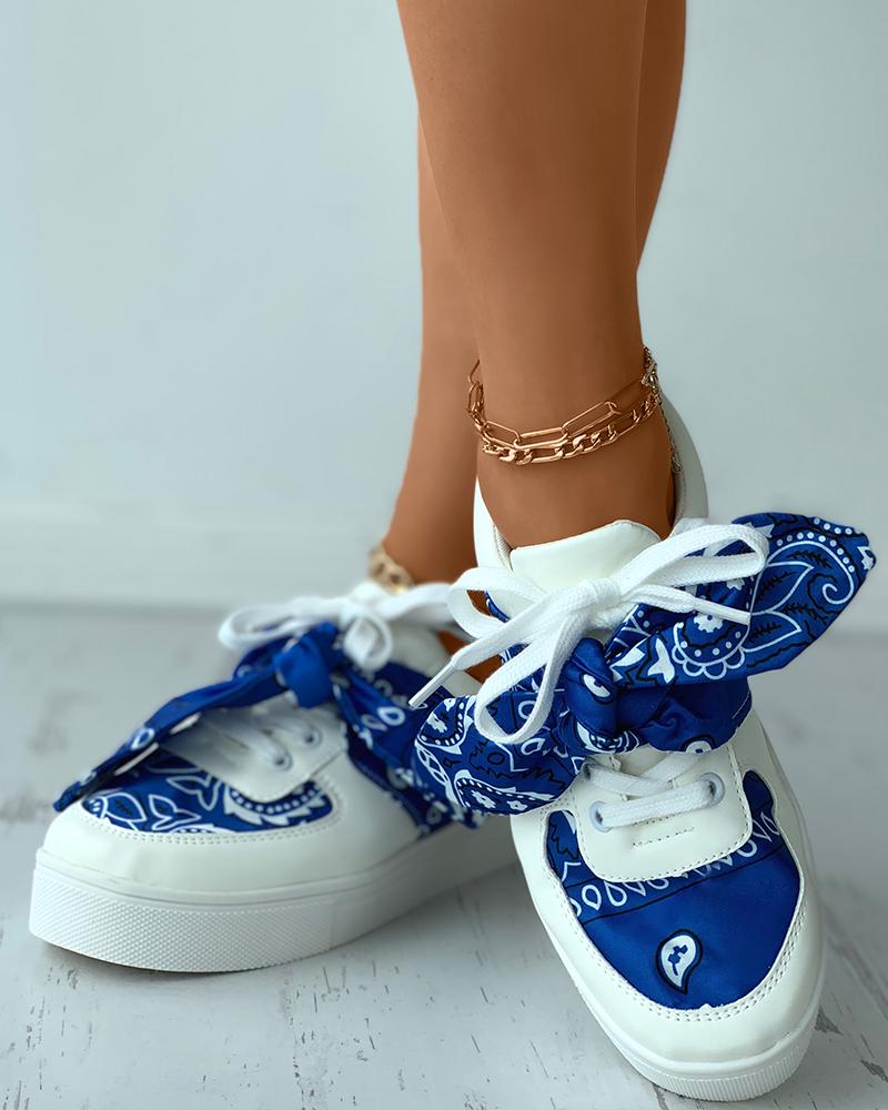 

Paisley Print Knotted Eyelet Lace-up Flatform Sneaker, Blue