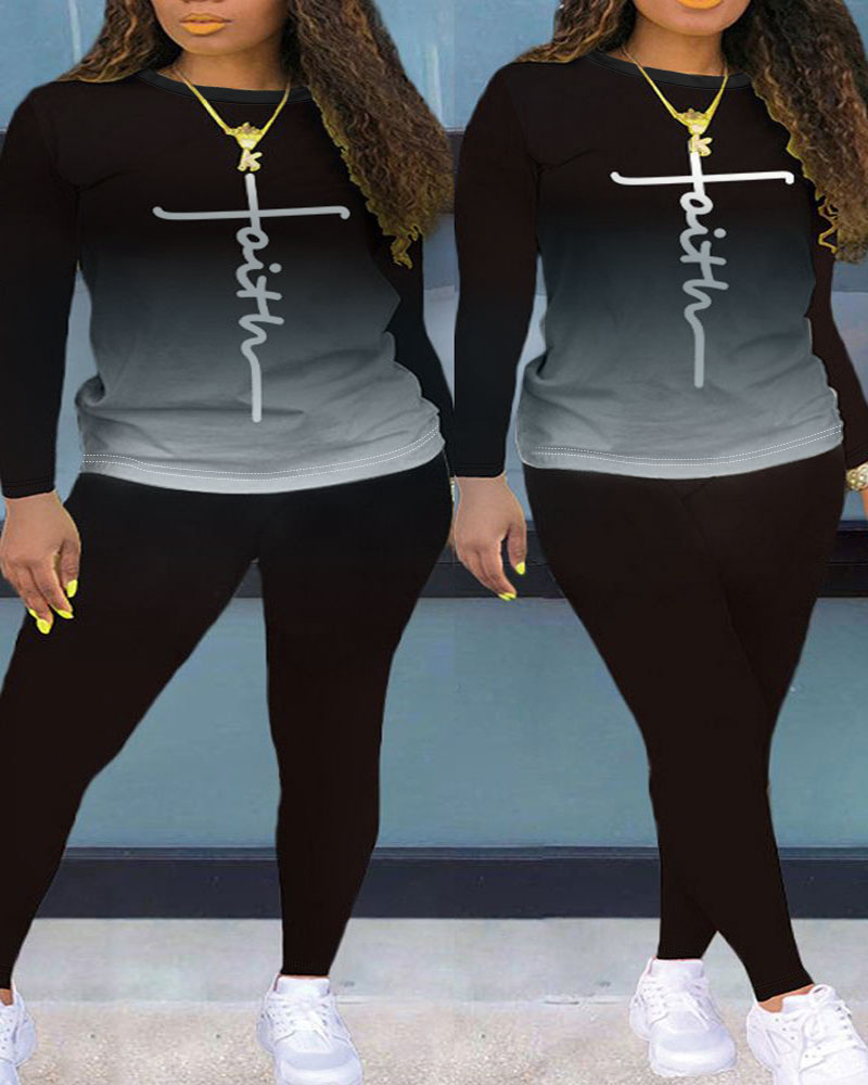 

Plus Size Faith Print Ombre Top & Pants Set, Black
