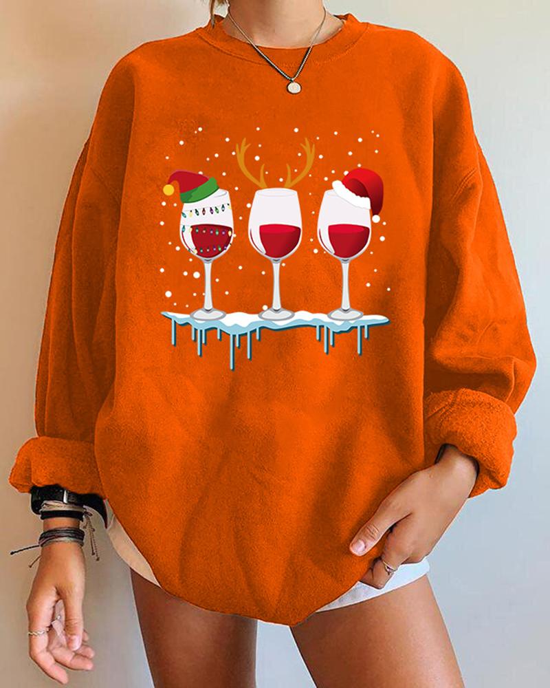 

Christmas Wine Glass Print Long Sleeve Sweatshirt, Orange