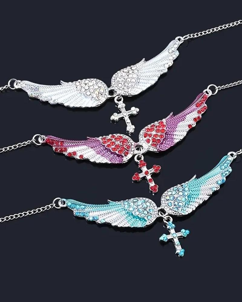 

1pc Angel Wings Cross-Shaped Rhinestone Pendant Necklace, Pink