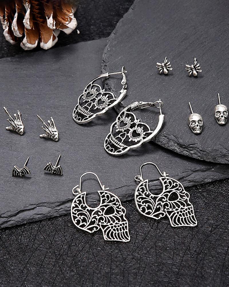 

6Pairs Halloween Hollow Skull Head Stud Earrings Set, Silver