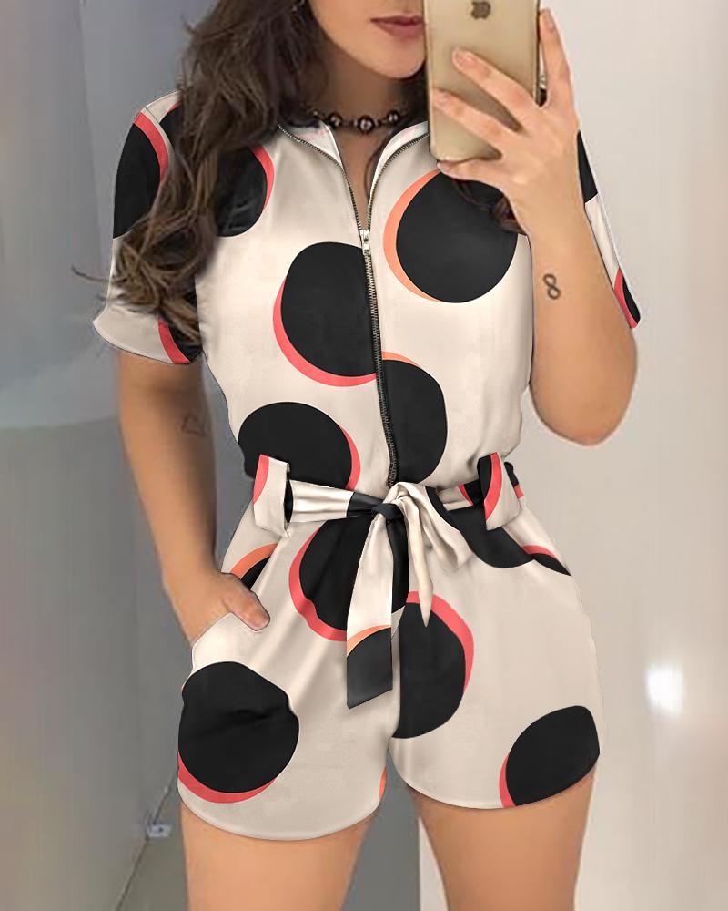 

Polka Dot Print Zip Front Belted Romper, Multicolor