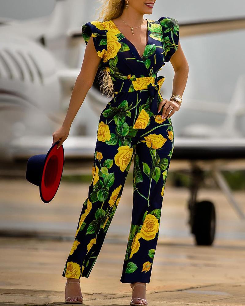 

Floral Print Flutter Sleeve Jumpsuit With Belt, Purplish blue