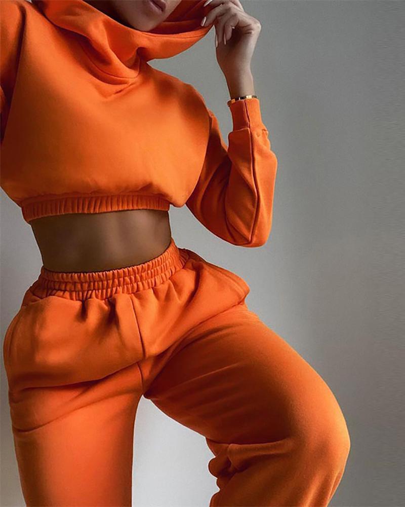 

Long Sleeve Casual Hooded Top & High Waist Pants Set, Orange
