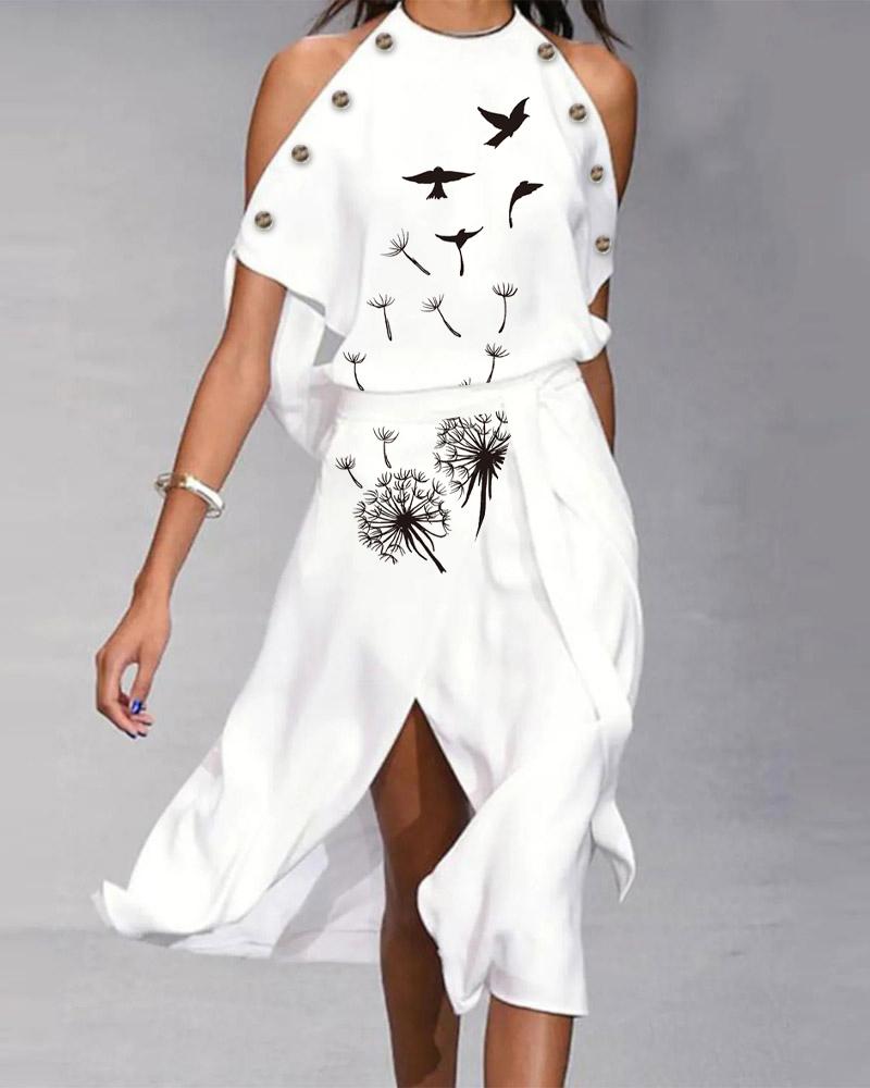 

Dandelion Print Cold Shoulder Slit Belted Casual Dress, White
