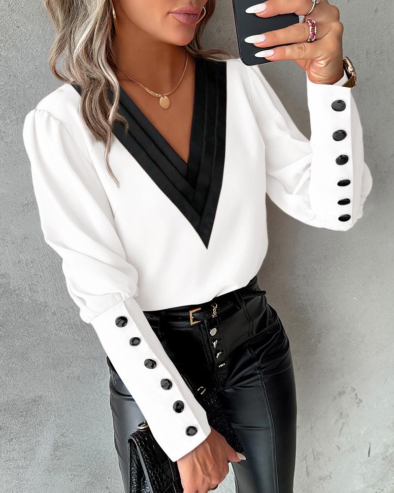 

Contrast Paneled Gigot Sleeve Buttoned Top, White