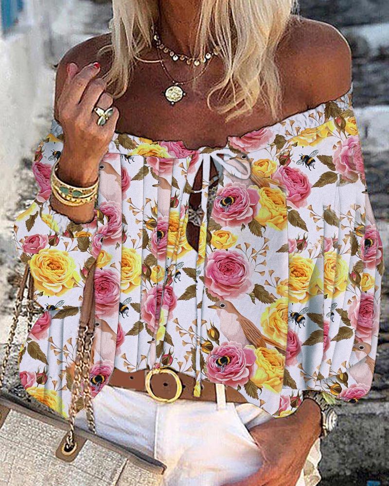 

Off the Shoulder Tie Front Floral Print Top, White
