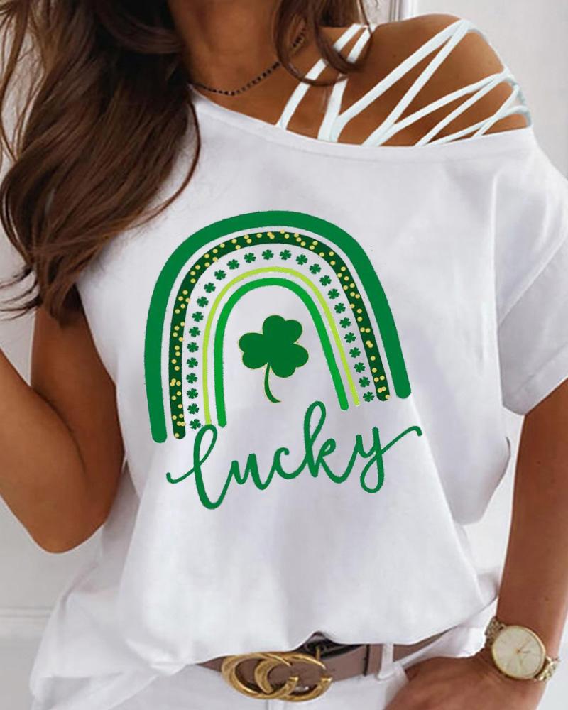 

St. Patrick' Day Lucky Shamrock Print Cold Shoulder Top, White