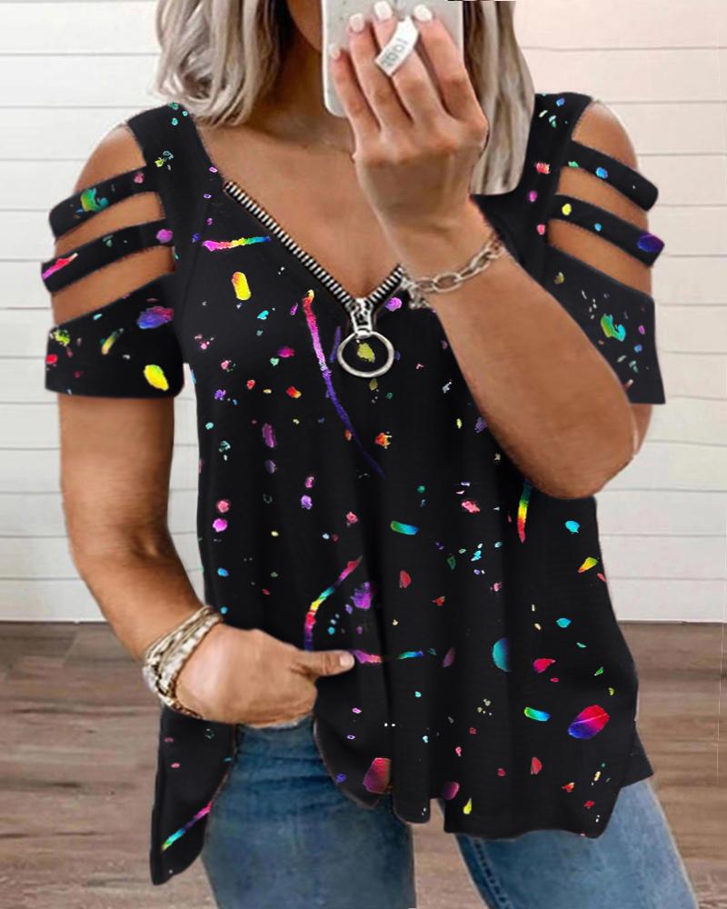 

Plus Size Ink Splash Print Cutout Zipper Design T-Shirt, Black