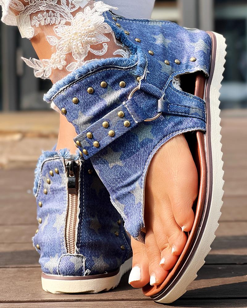 

Star Print Studded Fringe Hem Sandals, Blue