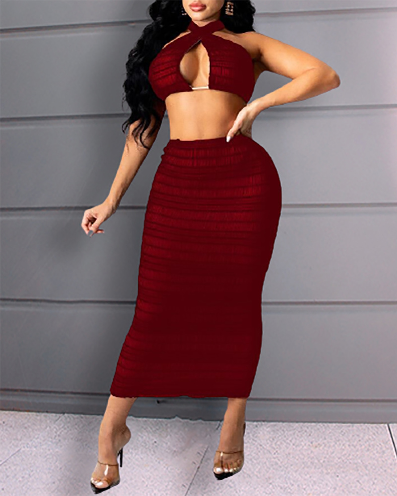 

Colorblock Shirred Cutout Crop Top & Skirt Set, Wine red