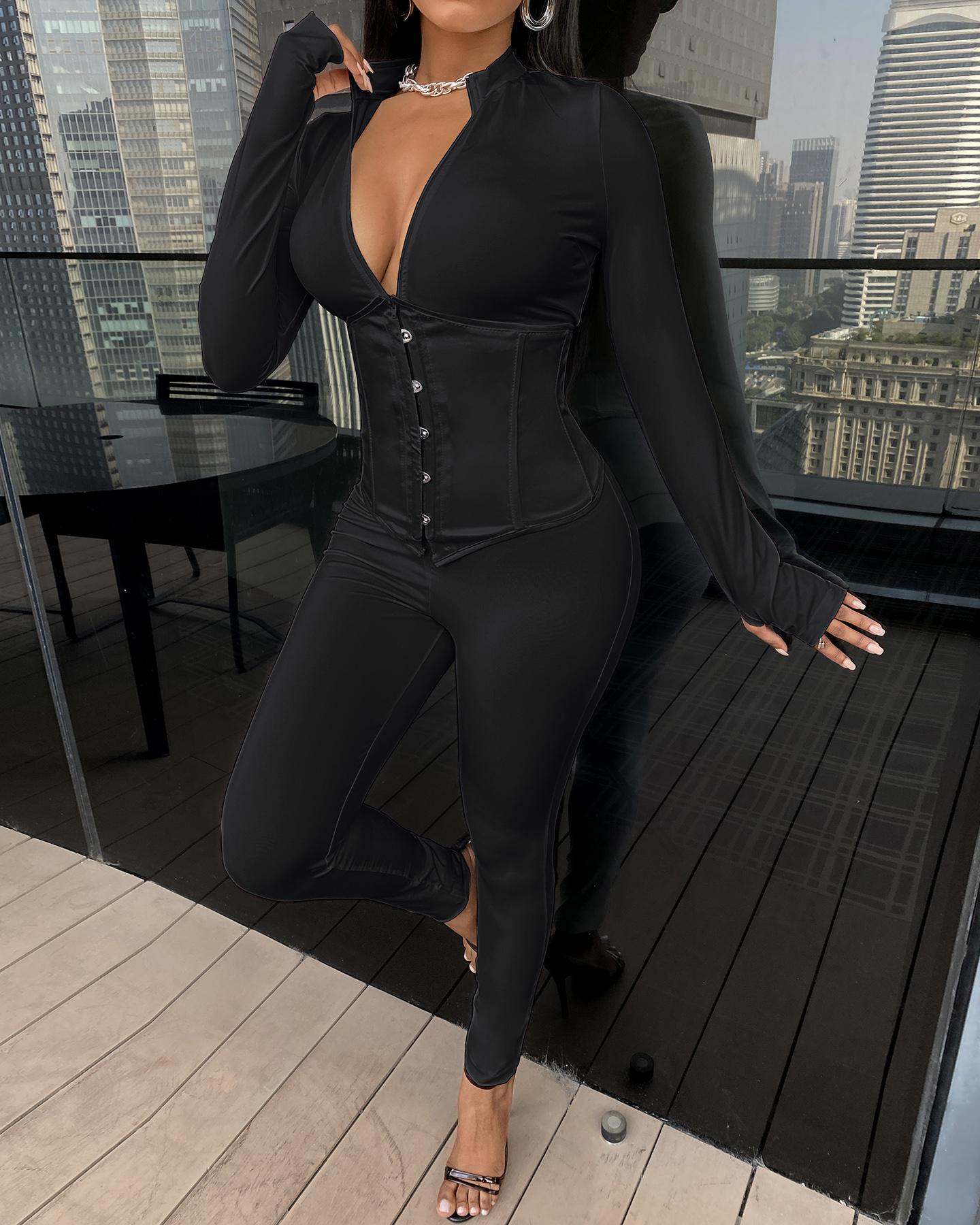 

Plain Fitted Jumpsuit With Eyelet Lace-up Corset, Black