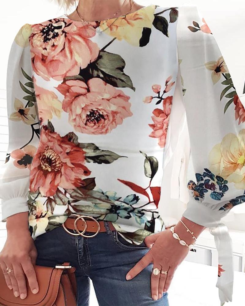 

Floral Print Long Sleeve Casual Top, White
