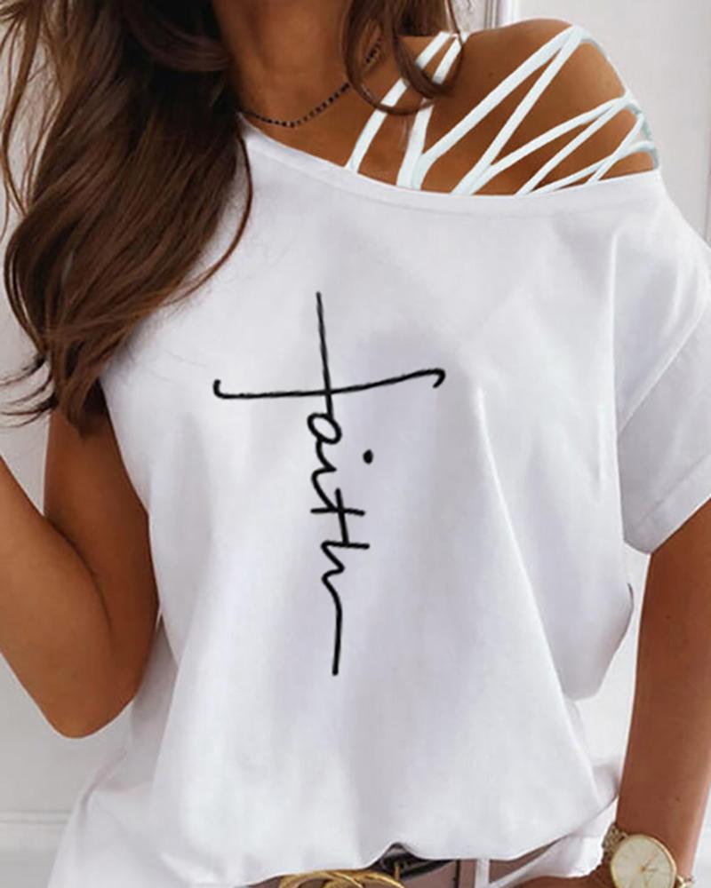 

Letter Print Cutout Strappy Short Sleeve T-shirt, White