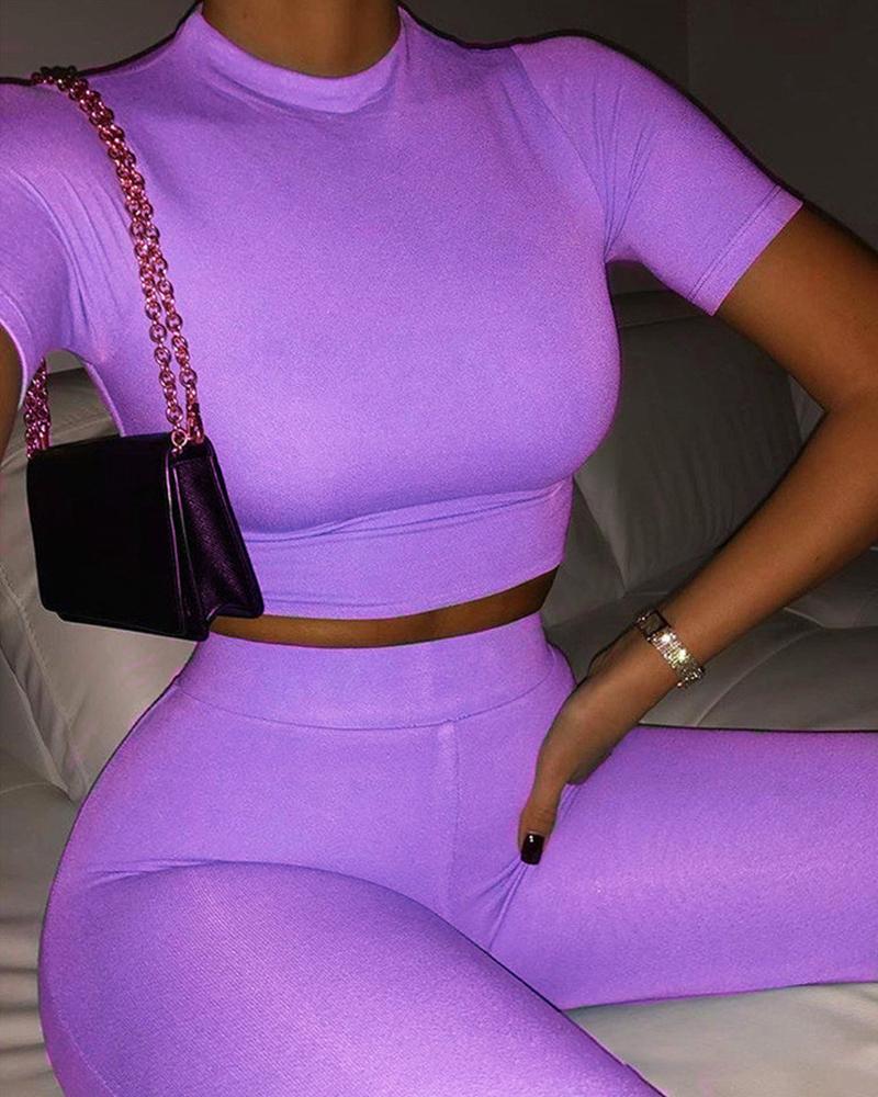 

Short Sleeve High Waist Skinny Active Sets, Purple