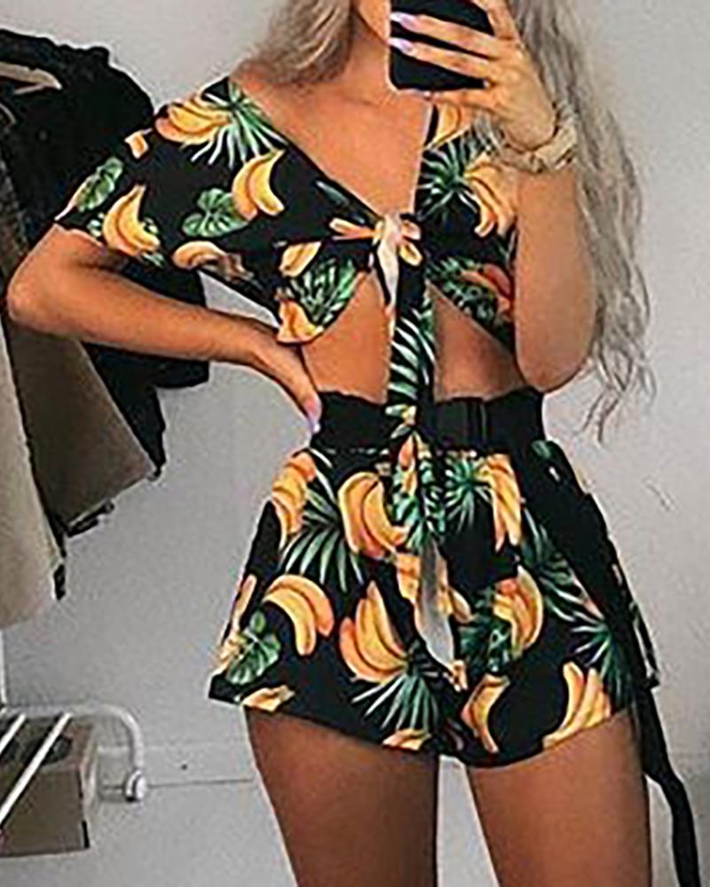

Banana Print Short Sleeve Top & Shorts Set, Black