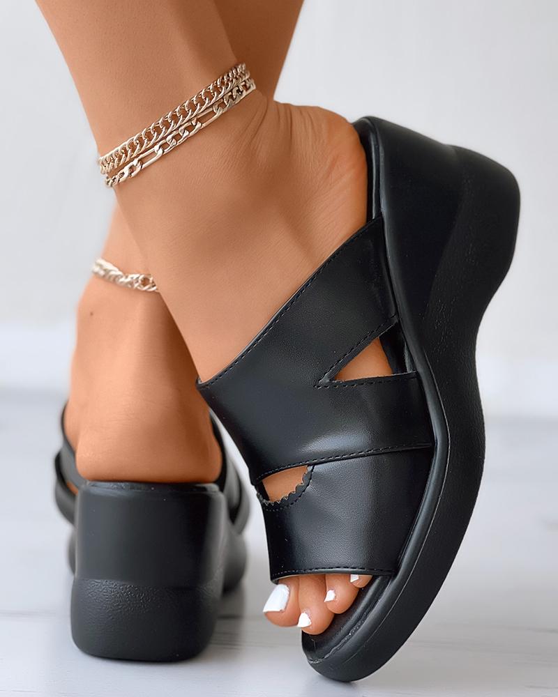 

Peep Toe Muffin Wedge Slippers, Black