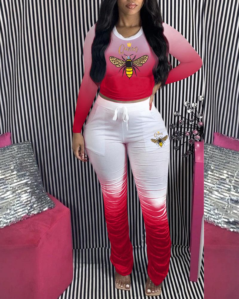 

Bee Print Ombre Crop Top & Stacked Pants Set, Red