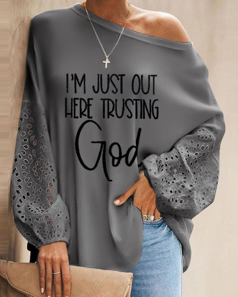 

Letter Print Eyelet Embroidery Lantern Sleeve Top, Gray