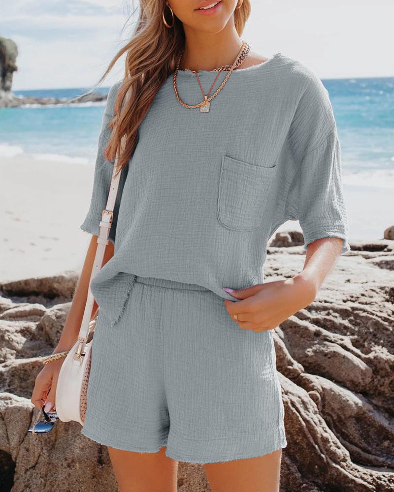 

Pocket Design Half Sleeve Slit Top & Shorts Set, Blue