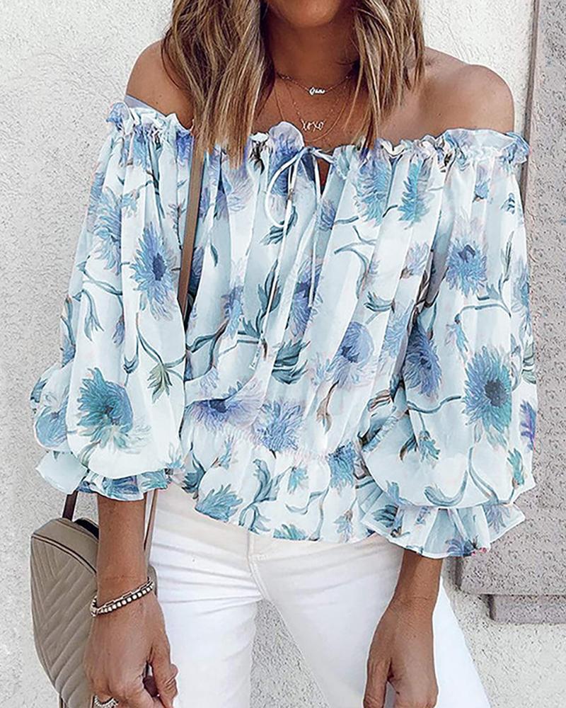 

Floral Print Lantern Sleeve Drawstring Top, Blue