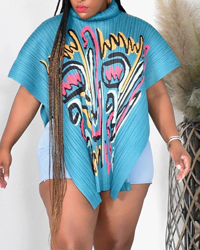 

Abstract Print Batwing Sleeve Asymmetrical Top, Blue