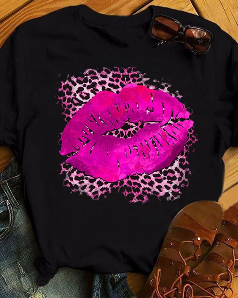 

Lip Leopard Print Casual T-shirt, Black