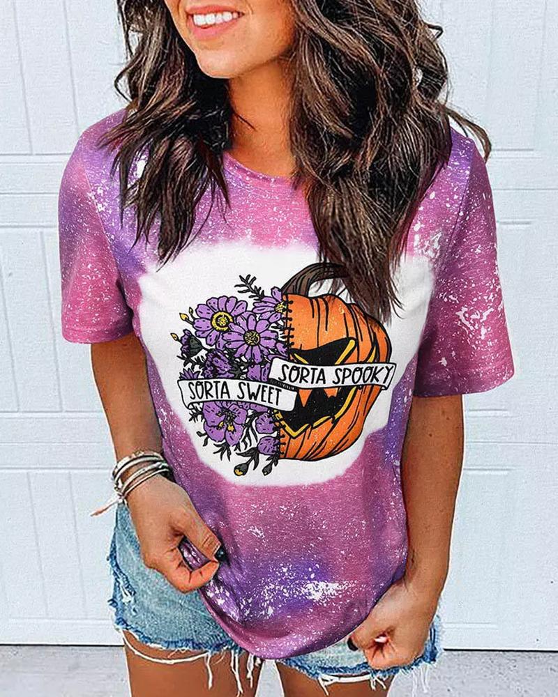 

Halloween Sorta Sweet Spooky Pumpkin Face Print Bleached T-Shirt, Purple