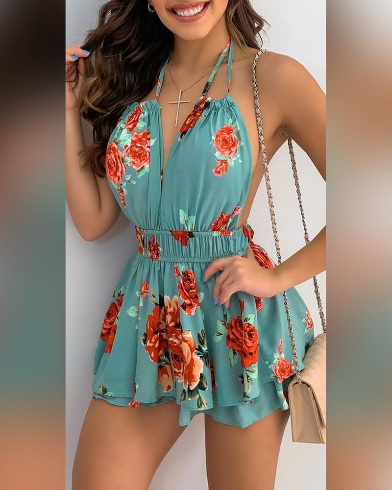 

Floral Print Halter Skinny Waist Sleeveless Dress, Blue