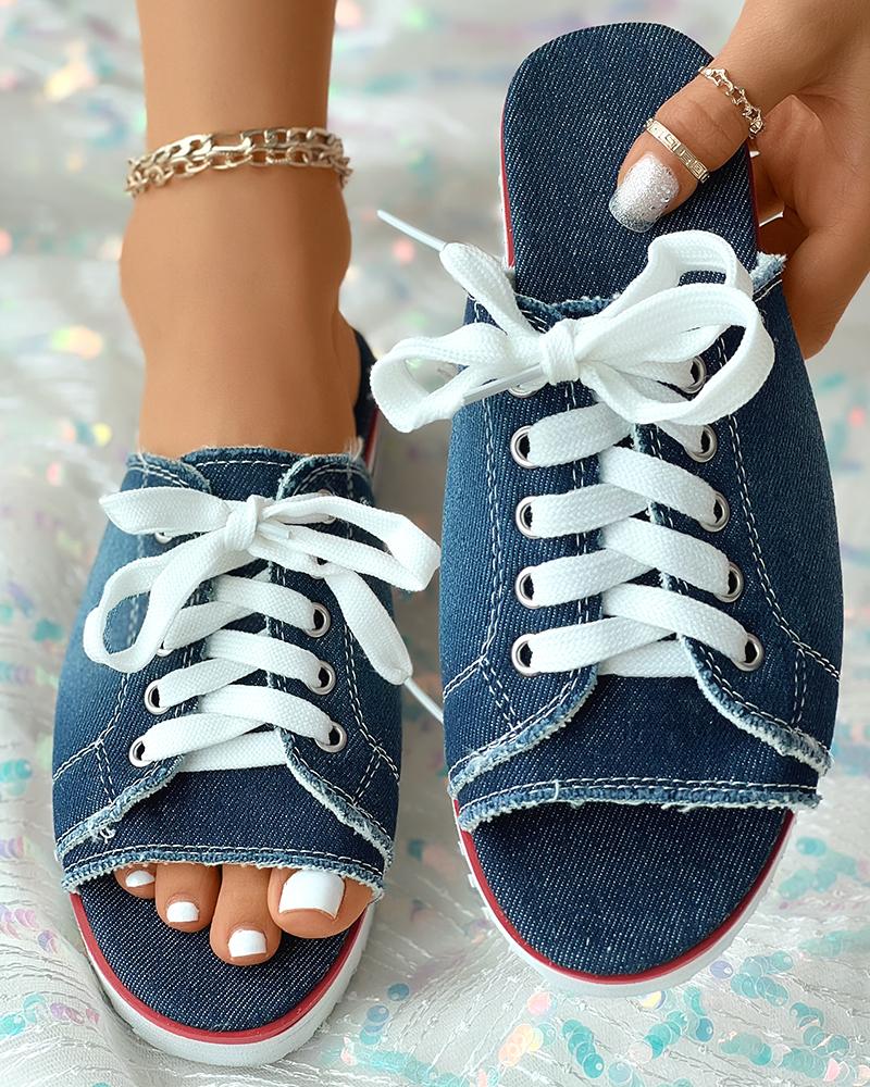 

Eyelet Lace Up Canvas Slippers, Dark blue