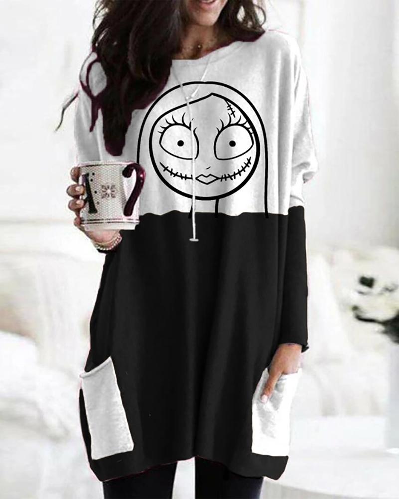 

Halloween Cartoon Print Colorblock Pockets Design Women Top, Black