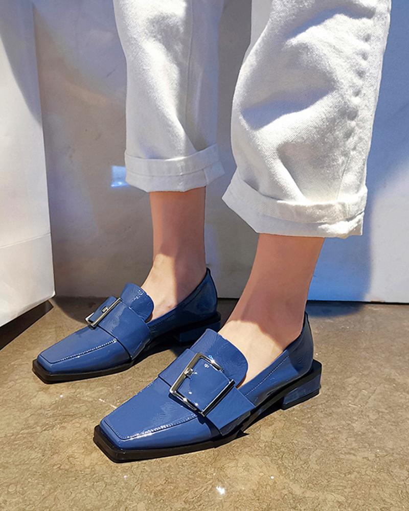 

Decorative Buckle Square Toe Loafers, Blue