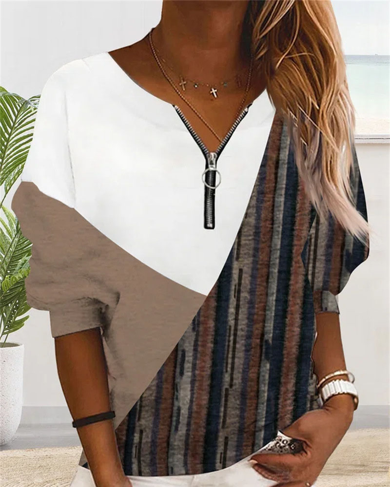 

Colorblock Zip Front Long Sleeve Casual Top, White