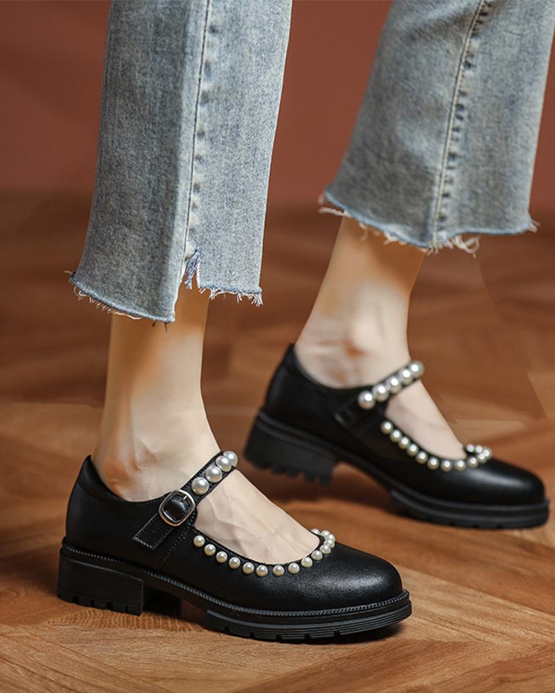 

Round-toe Solid Color Splicing Beaded Buckle Jenny Shoes, Black